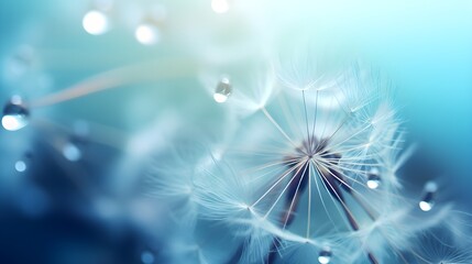 Beautiful dew drops on a dandelion. Beautiful blue background