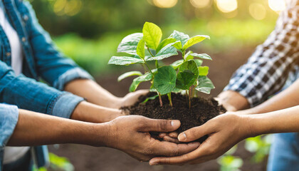 Diverse group holds sustainable plants in eco-friendly setting, symbolizing unity for renewable future