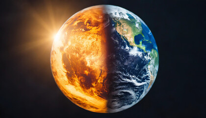 Half-burnt Earth symbolizing global warming crisis, depicting environmental devastation and urgency for action