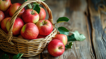 red apples in a basket on a wooden table 