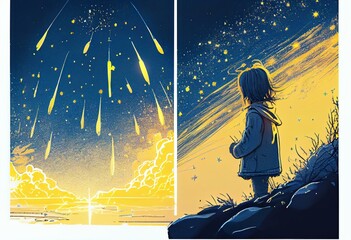 Fototapeta na wymiar shooting stars at the sky blue and yellow calming colors, children book illustration. Generative AI
