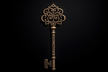 Vintage golden or copper skeleton key isolated on dark background
