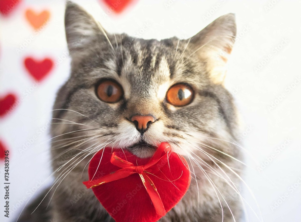 Wall mural Tabby gray cat with heart on his collar. Cat Love. ''Adopt a Cat'' Concept.