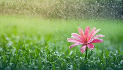 A pink flower with rain drops on the green grass under a heavy rain background in rainy season. Soft focus - obrazy, fototapety, plakaty