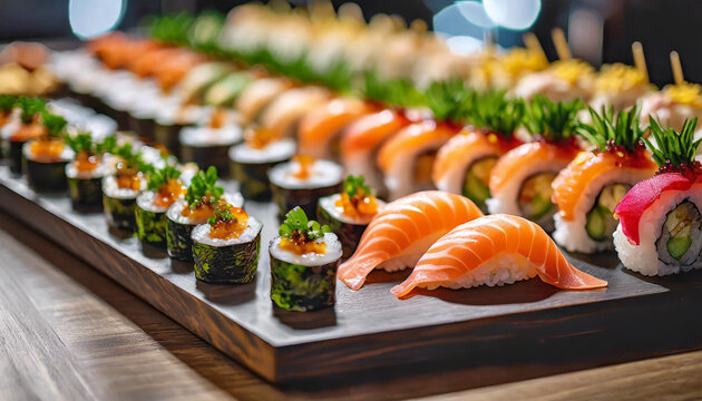 sushi and sashimi on catering table, inviting guests to savor authentic flavors and exquisite presentation