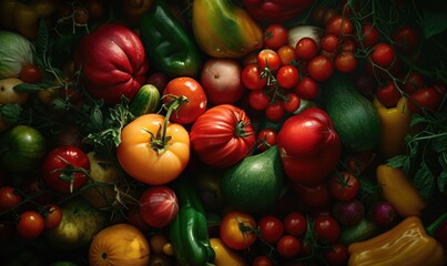 Variety of fresh vegetables background. Top view, flat lay.