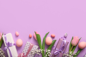 Easter eggs with flowers and gift boxes on purple background