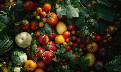 Tomatoes background. Top view of different varieties of tomatoes. Vegetables background.