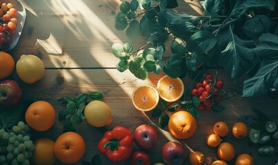 Fresh fruits and vegetables on wooden table. Top view. Copy space