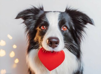 Border Collie Puppy with Heart in his mouth. Dog Love. ''Adopt a Dog'' Concept.