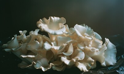 Close up of white oyster mushrooms on black background. Shallow depth of field.