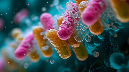 Microscopic Majesty: A Detailed View of Vibrant Bacteria in a Colorful, Enigmatic Environment.3d illustration of pathogenic bacteria. Viruses in infected organism. Microscope virus,Helicobacter pylori - obrazy, fototapety, plakaty