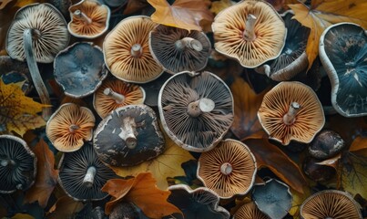 Mushrooms on the autumn leaves. Autumn background. Top view.