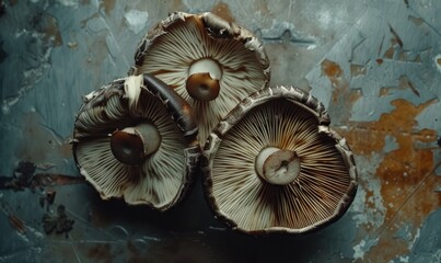 Fresh shiitake mushrooms on a dark background. Vintage photo style