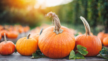 pumpkins at market, symbolizing autumn harvest. Copy space for seasonal advertising - obrazy, fototapety, plakaty