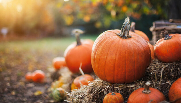 Pumpkins At Market, Symbolizing Autumn Harvest. Copy Space For Seasonal Advertising