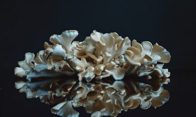 Oyster mushrooms on a black background. Shallow depth of field.