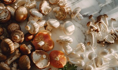 Mushrooms on white marble background. Top view, flat lay