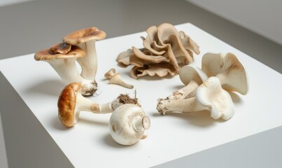 Mushrooms on a white table. Shallow depth of field.
