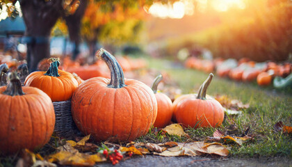 pumpkins at market, symbolizing autumn harvest. Copy space for seasonal advertising