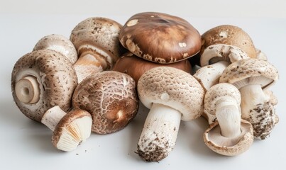Shiitake mushrooms on a white background, close-up