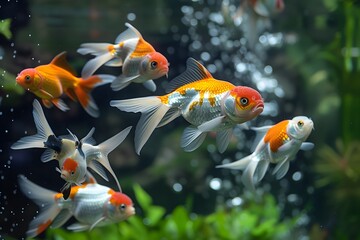 In the crystal-clear water, a collection of stunning ornamental fish captivates with their vibrant beauty