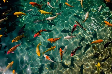 In the crystal-clear water, a collection of stunning ornamental fish captivates with their vibrant beauty