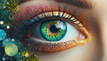 close-up of a beautiful woman's eye, adorned with colorful makeup, expressing depth and allure