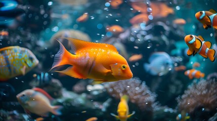 Within the pristine waters, a mesmerizing array of ornamental fish creates a captivating underwater