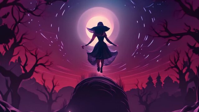 Witch flying on big full moon night background halloween theme fantasy.