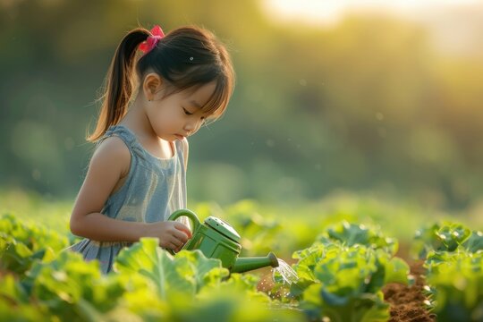 Girl watering vegetables in the garden