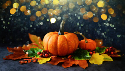 Naklejka na ściany i meble Thanksgiving and Autumn decoration concept made from autumn leaves and little pumpkins on dark background with bokeh lights. copy space for your text