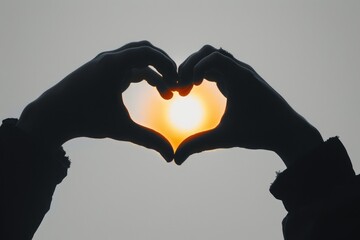 Fototapeta premium Both hands were forming a heart shape with sunlight shining through them. The background is the sea. sunset