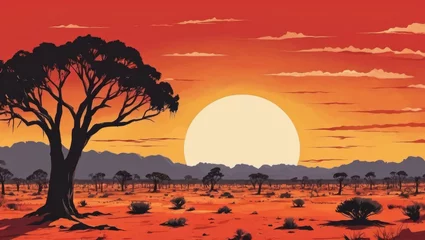 Wandcirkels plexiglas Outback Australia landscape silhouette, desert landscape gum trees orange, red, yellow sky. Australian Aboriginal Flag colours, Generative AI © Rick