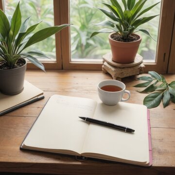 Cozy Reading Nook, Journal open to a blank page with a pen resting on top, surrounded by a peaceful setting of indoor plants and a warm cup of tea, all laid out on a simple wooden desk, Generative AI