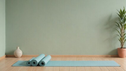 Obraz premium Yoga mat rolled out in a spacious room with natural light, with a backdrop of a simple, tranquil wall color, symbolize calmness and simplicity, Generative AI