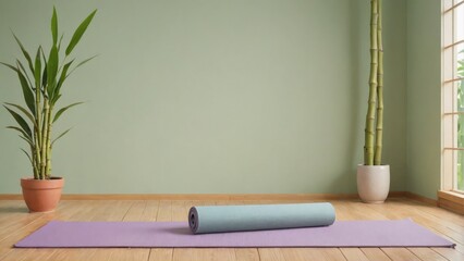Obraz premium Yoga mat rolled out in a spacious room with natural light, with a backdrop of a simple, tranquil wall color, symbolize calmness and simplicity, Generative AI