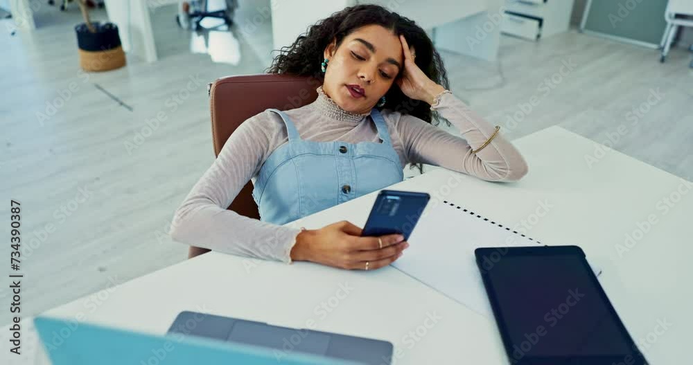 Poster Laptop, phone and bored with business woman at desk in office with fatigue or exhaustion from work. Computer, burnout or social media distraction with app and frustrated young employee in workplace