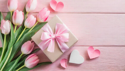 Mother's day background; a bouquet of tulips, gift box with ribbon and pink paper hearts on pink wooden plank. Womens day, 8 March, Valentine's day and love concept. template, overhead. Greeting card