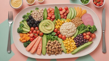 Assorted Healthy Food Platter on Green Background, Generative AI