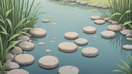 Obraz na płótnie Canvas Tranquil Garden Pond with Stepping Stones and Lush Greenery, Generative AI