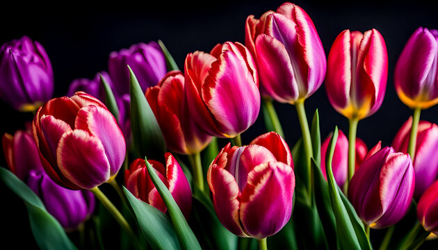 pink and purple tulips on the black background 