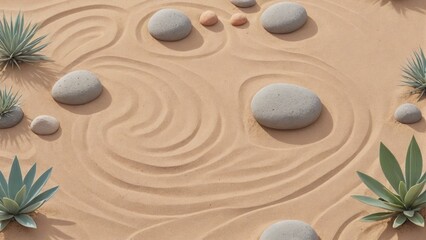 Simplistic Zen garden, raked sand patterns surrounding single large, smooth stone, embodying mindfulness and focus, Generative AI