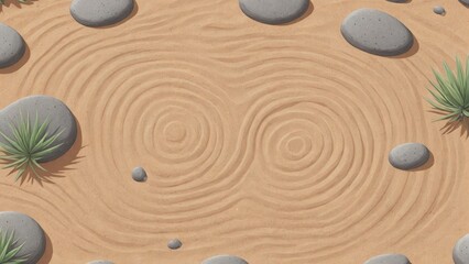 Obraz na płótnie Canvas Simplistic Zen garden, raked sand patterns surrounding single large, smooth stone, embodying mindfulness and focus, Generative AI