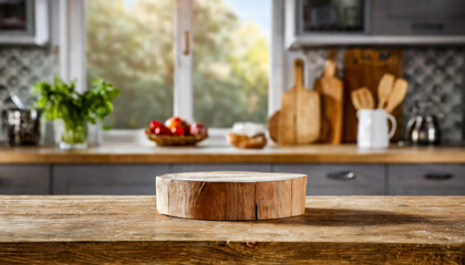 Wooden desk of free space and kitchen interior. Pedestal for your product. free space for your decoration
