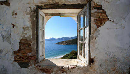 Window to the sea in an abandoned house across to the Aegean islands. Window frame, abondoned house with seascape