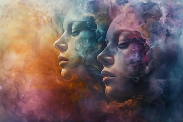 Foto op Canvas Ethereal faces emerging from an abstract background Symbolizing the diverse and mysterious nature of human souls © Bijac