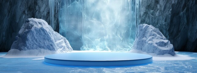 Ice background podium cold winter snow product platform floor frozen mountain iceberg. Podium glacier cool ice background stage landscape display icy stand 3d water nature pedestal arctic concept cave - obrazy, fototapety, plakaty