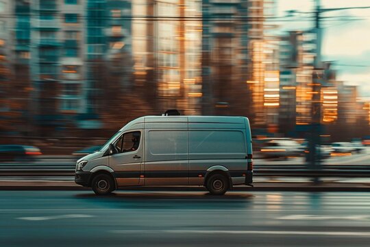 Fast-moving delivery van on a city road. efficient and reliable courier service for urban logistics and parcel delivery