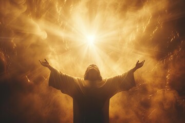 Jesus christ in a divine light With open arms welcoming all. spiritual and uplifting scene of faith and hope - obrazy, fototapety, plakaty